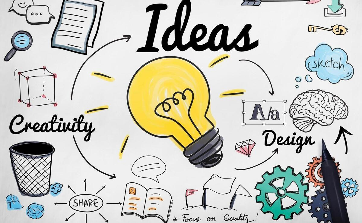 Illustration of ideas, creativity and design around a light bulb