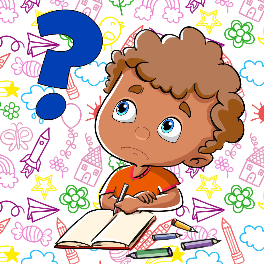 A child reading, surrounded by drawings of ideas